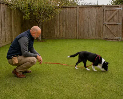 The puppy trotting away from the man across the lawn to sniff the grass, the long line trailing loosely behind it.