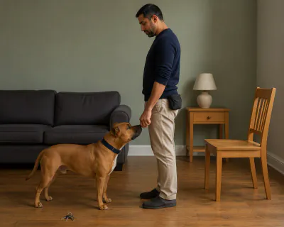 A fawn Staffordshire Bull Terrier sniffing a man's closed left fist, which hangs beside his thigh in a living room.