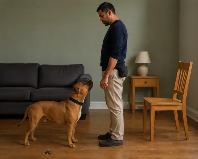 The dog standing with its head raised and its eyes on the man's face, while his closed fist stays still beside his thigh.