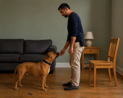 The man leaning slightly forward to give the dog a piece of food from his right hand, his left fist still closed by his thigh.