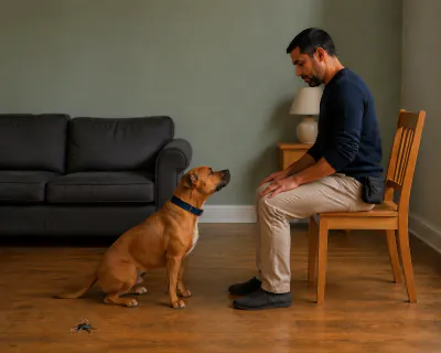 The man seated on a wooden chair with his empty hands resting on his knees while the dog sits in front of him looking up at his face.