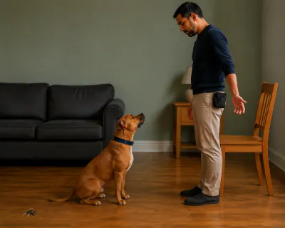 A bunch of silver keys lying on the floorboards behind the seated dog, which keeps looking up at the standing man's face.