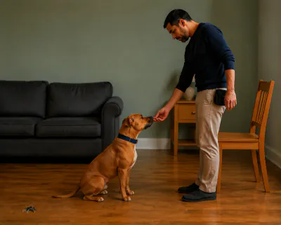 The man feeding the seated dog from his right hand while the bunch of keys lies untouched on the floor behind it.