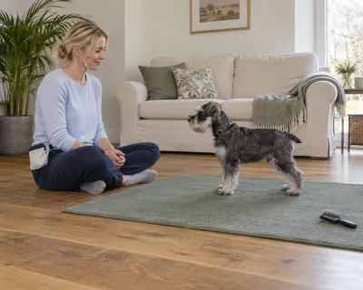 A Miniature Schnauzer puppy standing on a green mat beside a woman sitting cross-legged on the floor with her hands in her lap.