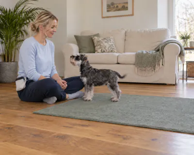 The puppy leaning its side against the woman's knee while she sits back with both hands resting in her lap.
