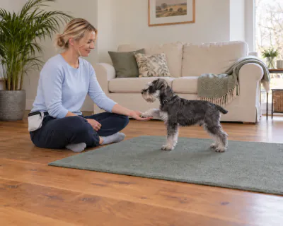 The woman's open right hand cupped under the puppy's raised front paw with no fingers wrapped around it, while the puppy stands on the mat.