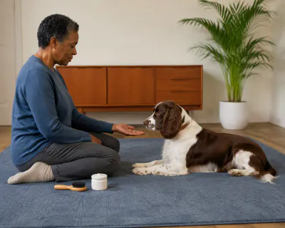 A liver and white Springer Spaniel lying on a blue rug looking at a woman's open, upturned palm held just in front of its chin, a brush lying beside her.
