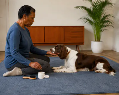 The spaniel resting its chin on the woman's upturned palm while she takes a piece of food from the pot with her other hand.