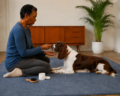 The brush laid back on the rug as the woman gives the spaniel a piece of food, its chin lifting from her open palm to take it.