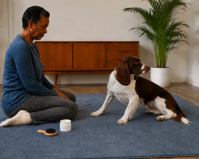 The spaniel turning its head away from the woman's hand while she sits with both hands resting in her lap and the brush on the rug.