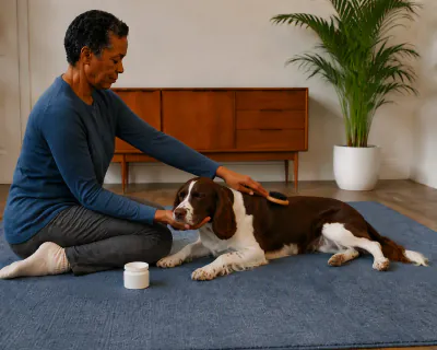 The spaniel lying rolled onto one hip with its chin on the woman's palm and its eyes half-closed as she brushes along its flank.