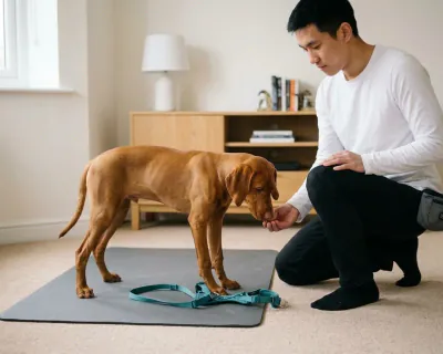 A russet Vizsla puppy sniffing an unfastened teal harness lying on a grey mat while a kneeling man offers a piece of food.