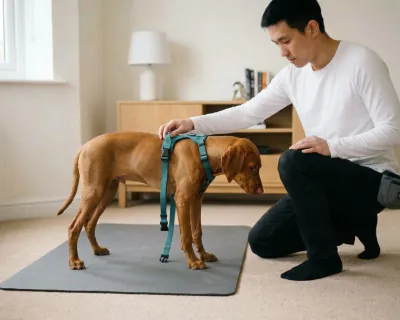 The man laying the unfastened harness across the puppy's shoulders with one hand while feeding from the other at its mouth.
