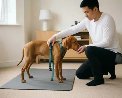 The man clicking one side buckle of the harness loosely closed on the puppy's left side while the puppy eats from his other hand.