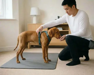 The puppy standing on the mat in the fully fastened teal harness while the man slides two fingers under the girth strap behind its shoulder.