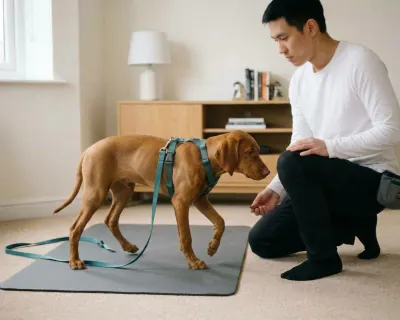 The puppy walking across the mat in its harness with a short teal lead clipped to the back ring and trailing loosely on the floor.