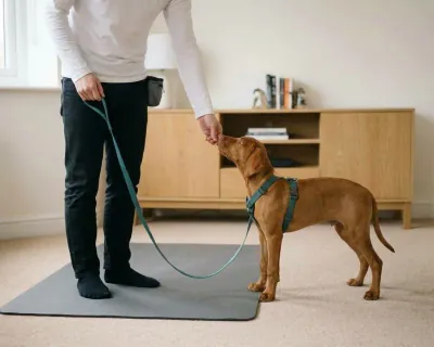 The man standing still holding the end of the teal lead loosely in his left hand, the lead hanging in a deep slack curve to the puppy beside him.