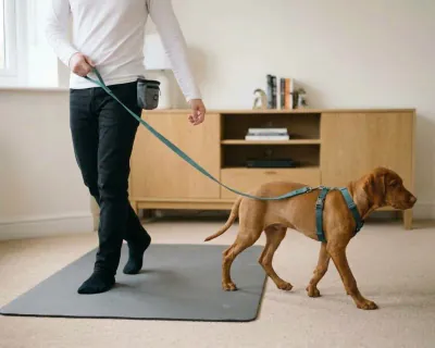 The man taking a step to follow the puppy as it walks off the mat, the lead hanging slack between his hand and the harness.