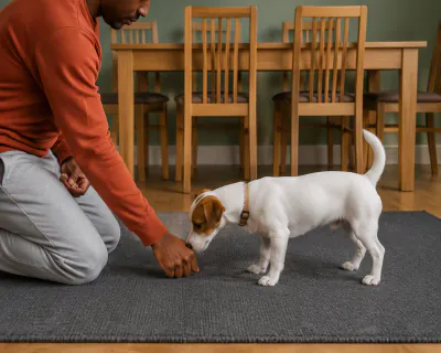 A white and tan Jack Russell puppy sniffing a man's closed fist resting on a grey rug, his other hand on his thigh.