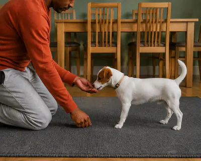 The puppy with its head turned away from the closed fist, taking a piece of chicken from the man's other hand.