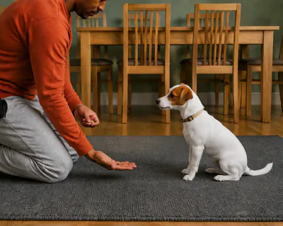 The puppy sitting and looking up at the man while a piece of kibble lies visible on his open palm near the rug.