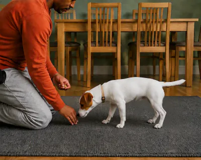 The puppy leaning towards the man's hand as he calmly closes his fingers over the kibble on the rug.