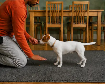 A piece of kibble lying on the rug under the man's hovering hand while the puppy turns away from it and takes chicken from his other hand.