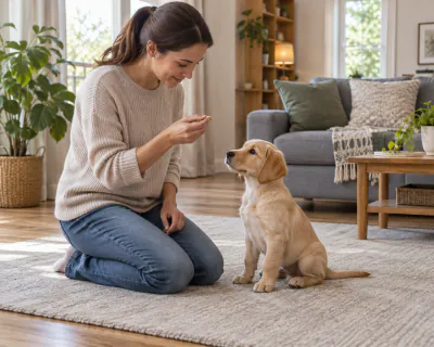 Handler and dog working at puppy training level