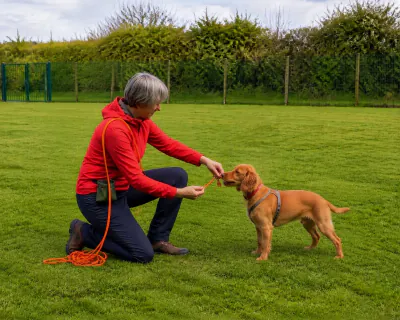 The woman kneeling beside the Cocker Spaniel and unclipping the orange line from the harness back ring while the dog eats from her other hand.