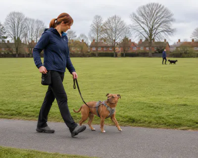 A fawn Staffordshire Bull Terrier in a grey harness walking at a woman's left knee along a tarmac path at the edge of a playing field, the lead hanging in a loose curve.