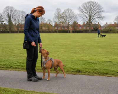 The Staffordshire Bull Terrier turning its head up towards the woman on the path while she lowers a piece of food to her trouser seam, a man walking a dog far across the field behind them.