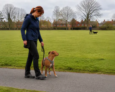 The woman and the Staffordshire Bull Terrier walking side by side a little further along the path, the dog glancing across the grass towards the distant walker and dog with the lead still slack.