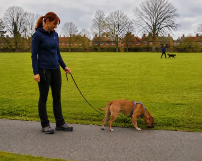 The Staffordshire Bull Terrier sniffing the grass verge beside the path on a loose lead while the woman stands relaxed beside it.