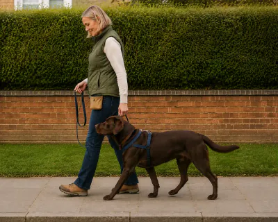 Dog walking beside its handler with a visibly loose lead
