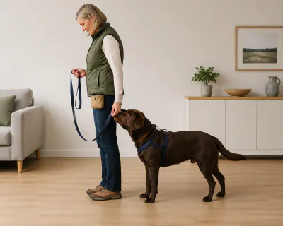A chocolate Labrador in a navy harness standing beside a woman's left leg indoors, taking food from her hand at her trouser seam while the lead hangs slack.