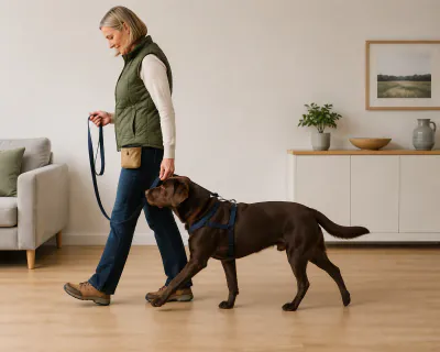 The woman mid-stride on the oak floor with the Labrador walking alongside her left leg and the lead hanging in a loose curve.