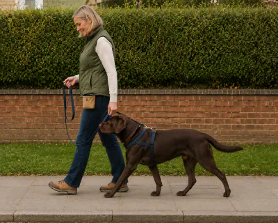 The woman and the Labrador walking side by side along a quiet suburban pavement, the lead hanging in a loose J shape between them.