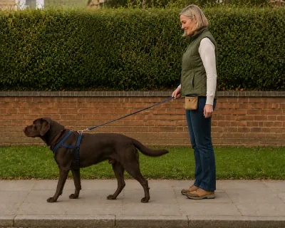 The Labrador a body length ahead with the lead just straight, while the woman stands completely still on the pavement with her arm relaxed.