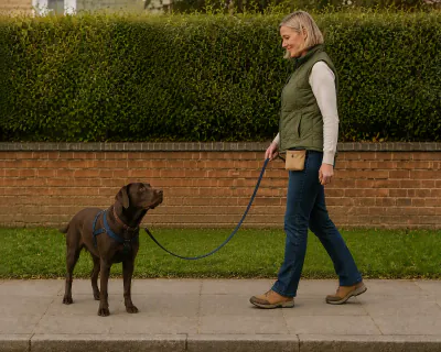The Labrador turning its head back towards the woman as the lead drops into a loose curve and she steps forward again.