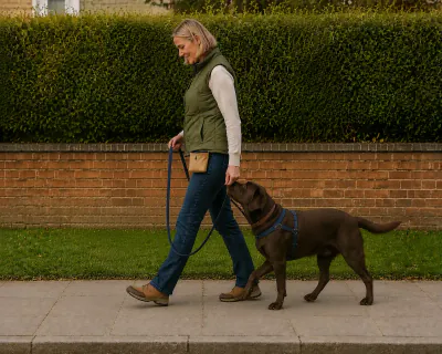 The woman walking with the Labrador at her left knee and feeding it low at her trouser seam, the lead loose in a J shape.
