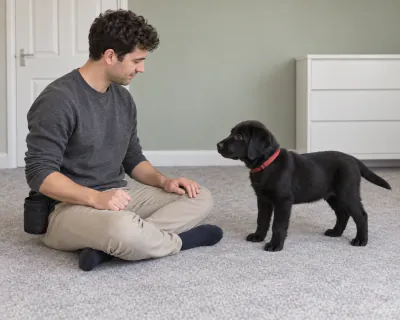 A black Labrador puppy standing on a grey carpet near a man sitting cross-legged, his right fist resting on his thigh with a clicker inside it.