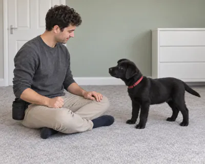 The man's thumb pressing the clicker inside his closed fist on his thigh while the puppy stands nearby and his other hand stays still on his knee.
