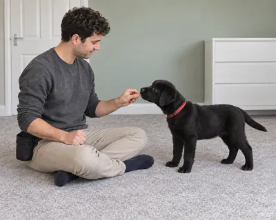 The man's left hand giving the puppy a small piece of food at its mouth while his right fist stays on his thigh.