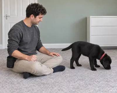 The puppy sniffing the carpet a metre away with its head turned from the man, who sits with both hands resting as his thumb presses the clicker in his fist.