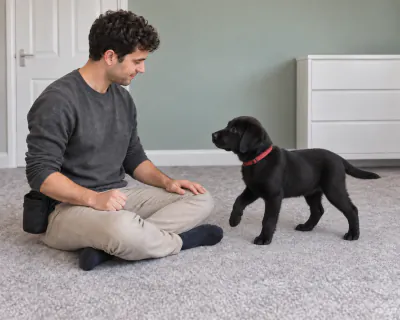The puppy swinging its head and shoulders round towards the seated man, ears lifted and one front paw raised, while both his hands stay still on his legs.