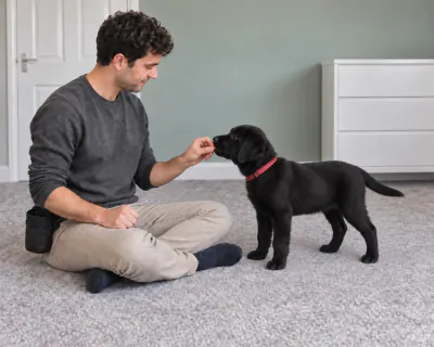 The puppy standing at the man's knee and taking a piece of food from his left hand.