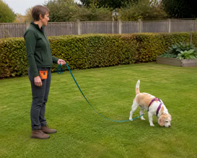 A lemon and white Beagle in a plum harness sniffing a garden lawn two metres from a woman holding a teal long line in loose folds.