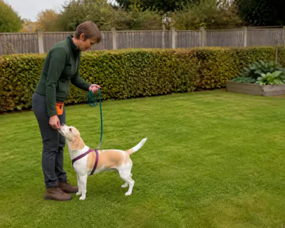 The Beagle standing at the woman's right leg taking the second of several pieces of chicken from her hand.