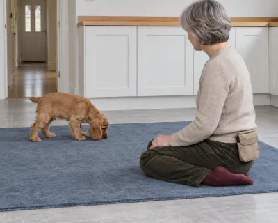 A golden Cocker Spaniel puppy on a blue kitchen rug, sniffing the rug with its head turned away from a woman sitting on the floor a metre away.