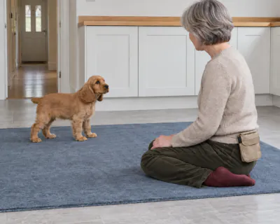 The puppy turning its head and eyes towards the seated woman with its ears lifted, while her hands rest still on her knees.